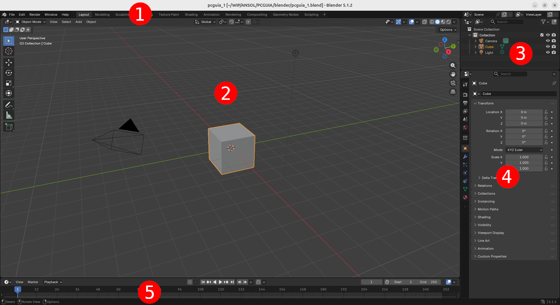 Blender interface showing a selected gray cube in the 3D viewport, with timeline at the bottom and panels on the right and left.