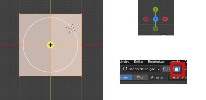Blender UI showing a square with a centered circle and origin gizmo, likely aligning a circle inside a square in Edit Mode.
