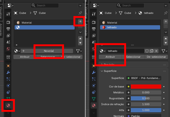 Blender interface: left panel shows creating a new material ('Novo(a)') with a plus button; right panel shows a material named 'telhado' selected with 'Atribuir' and base color settings (red) in the Material properties.