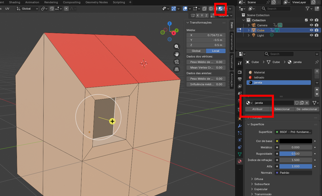 Blender UI: a cube with a window cutout; in the Materials panel, material 'janela' is selected and 'Assign' is highlighted.
