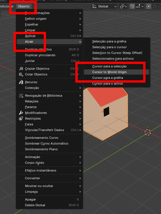 Blender interface with the Object menu open and 'Apply' and 'Snap' options highlighted, showing 'Cursor para a seleção' and 'Cursor para a origem mundial' as choices.