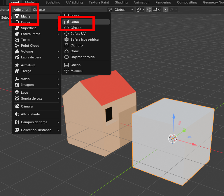 Blender 3D view with two objects; Add menu open on the left, highlighting Mesh options Cube and Circle in red boxes.