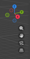 3D viewport with a transform gizmo showing X (red), Y (yellow/green), and Z (blue) handles; right-side toolbar includes zoom, pan, orbit, and grid icons.