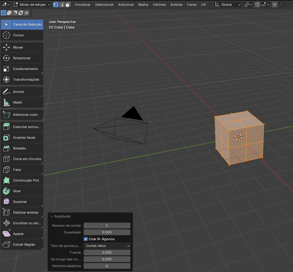Blender 3D viewport with an orange selected cube on the grid and a black wireframe triangular object nearby; left toolbar shows modeling tools, bottom subdivide panel open.