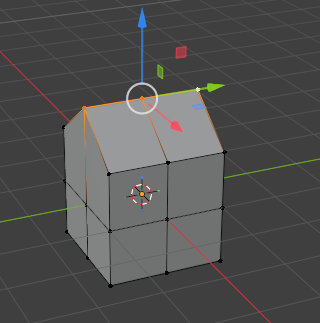3D modeling scene showing a gray cube with orange edges and a transform gizmo: blue up arrow, red X-axis, green Y-axis arrows around the top, and a circular rotation handle near the top face.