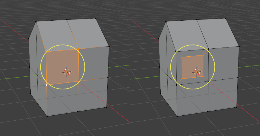 Two gray 3D cubes in a modeling viewport, each with a highlighted inset square on the front face circled in yellow.