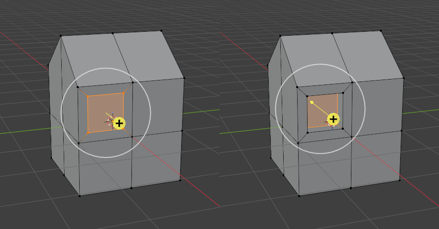 Two 3D cubes side by side in a modeling viewport, each with an orange inner face selected and a transform gizmo visible.