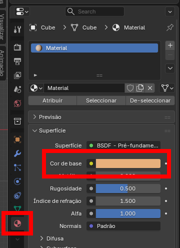 Blender Material properties: Base Color field highlighted with an orange color swatch in the Color picker area.