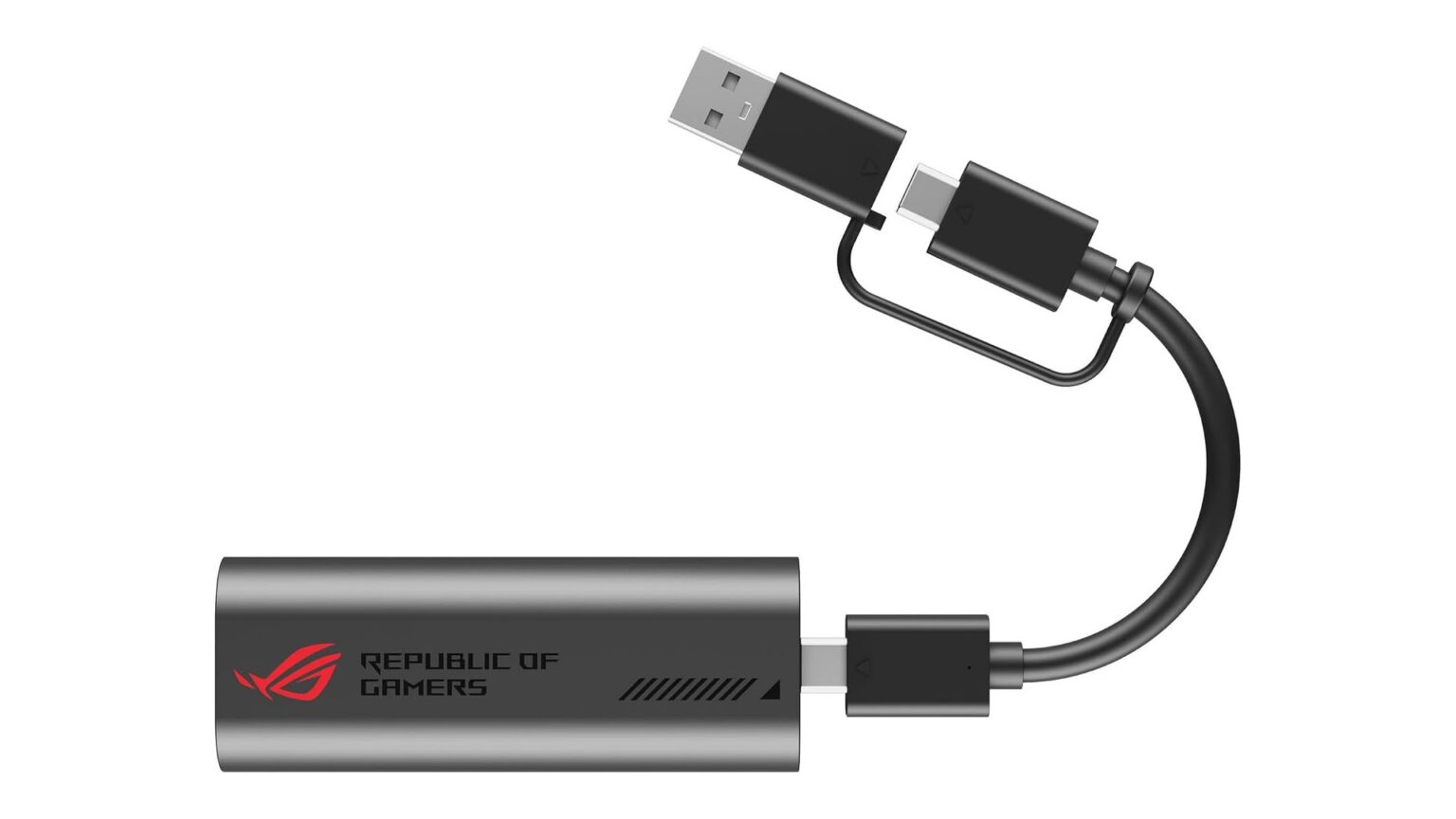ROG-branded USB-C to USB-A adapter cable/dongle setup shown with both connectors exposed