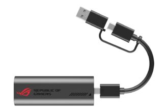ROG-branded USB-C to USB-A adapter cable/dongle setup shown with both connectors exposed