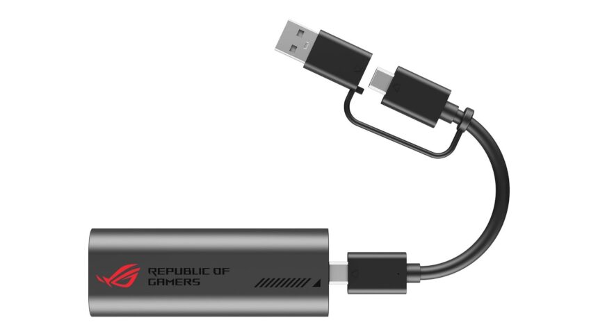 ROG-branded USB-C to USB-A adapter cable/dongle setup shown with both connectors exposed