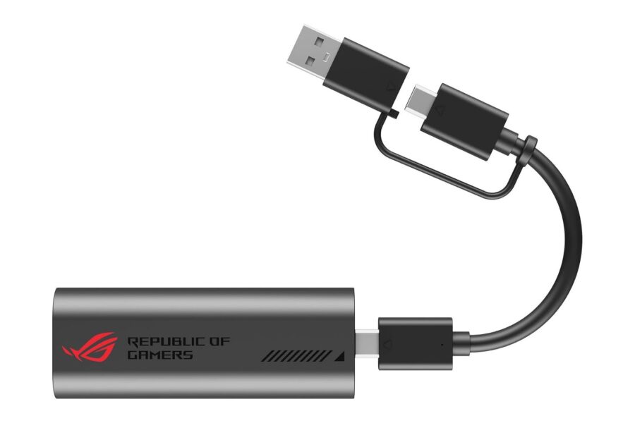 ROG-branded USB-C to USB-A adapter cable/dongle setup shown with both connectors exposed