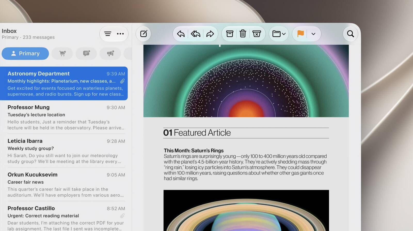 Screenshot of an email app showing an Inbox with messages on the left and a featured article about Saturn's rings on the right panel.
