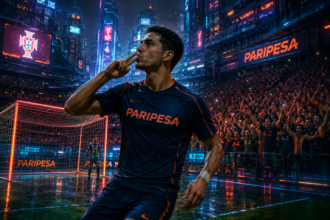 Soccer player in a Paripesa jersey celebrates a goal, kissing his wrist as fans cheer in a neon-lit arena.