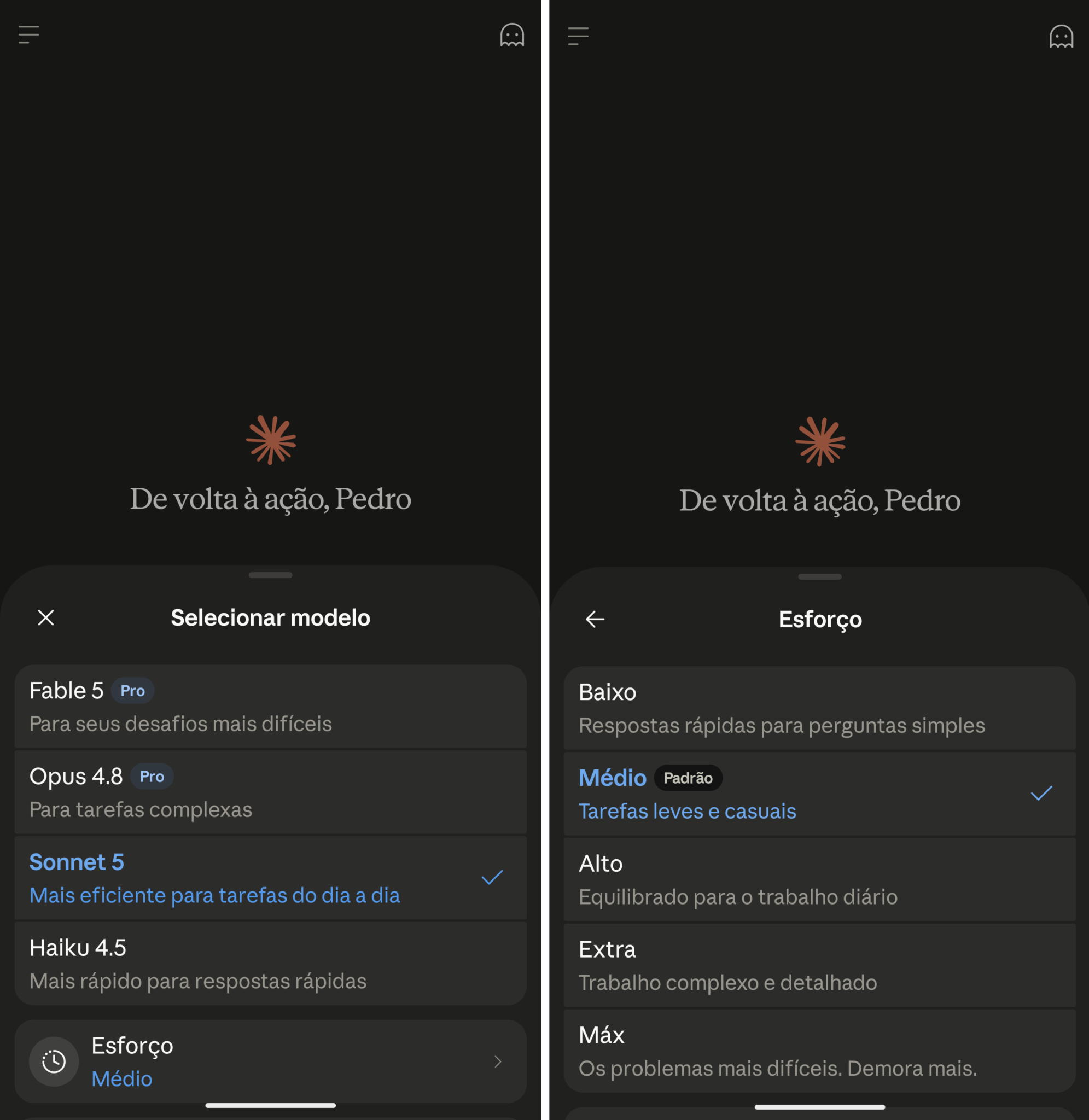 Side-by-side mobile screenshots in dark mode showing a task‑selection interface with headings'Selecionar modelo' and 'Esforço'.