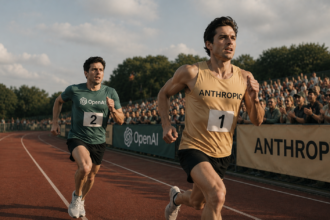 Two male runners sprint toward the finish on a red track, wearing bibs 1 and 2. The front runner wears a tan shirt that says ANTHROPIC while the runner behind wears green with OpenAI, and a cheering crowd lines the track.