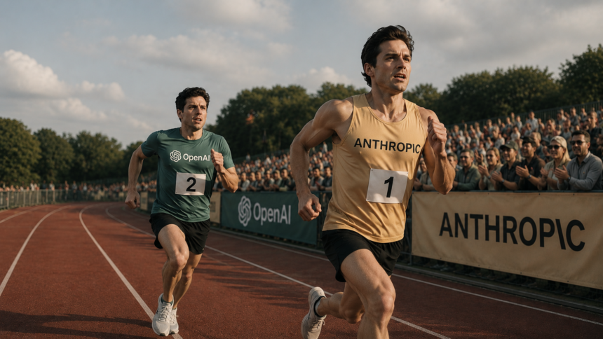 Two male runners sprint toward the finish on a red track, wearing bibs 1 and 2. The front runner wears a tan shirt that says ANTHROPIC while the runner behind wears green with OpenAI, and a cheering crowd lines the track.