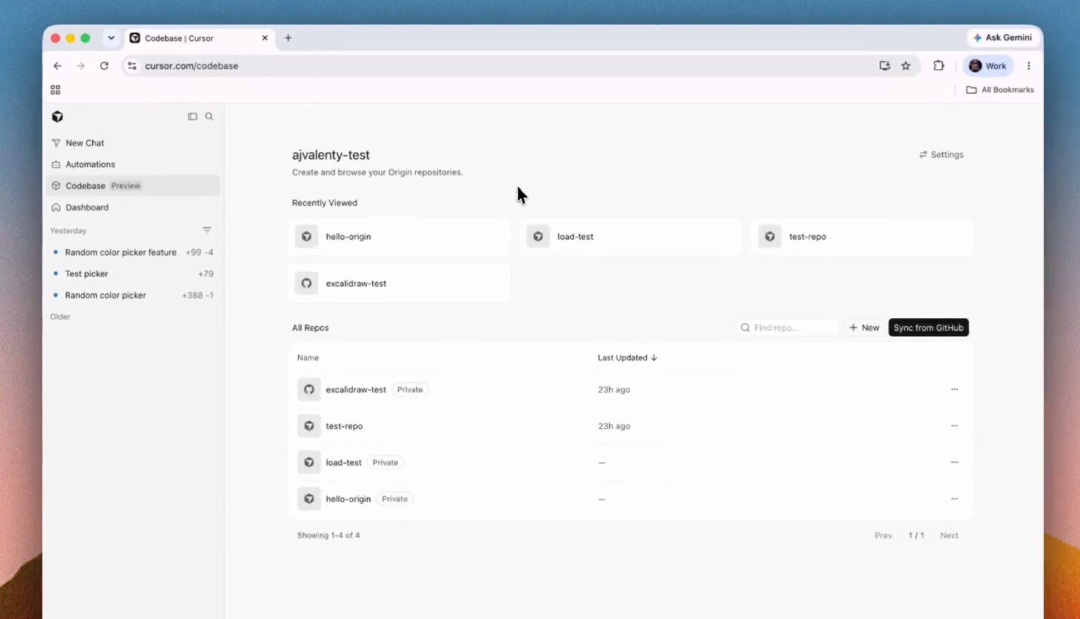 Codebase dashboard: left navigation with items like New Chat and Automations, main area shows a repo named ajvalenty-test under Recently Viewed.