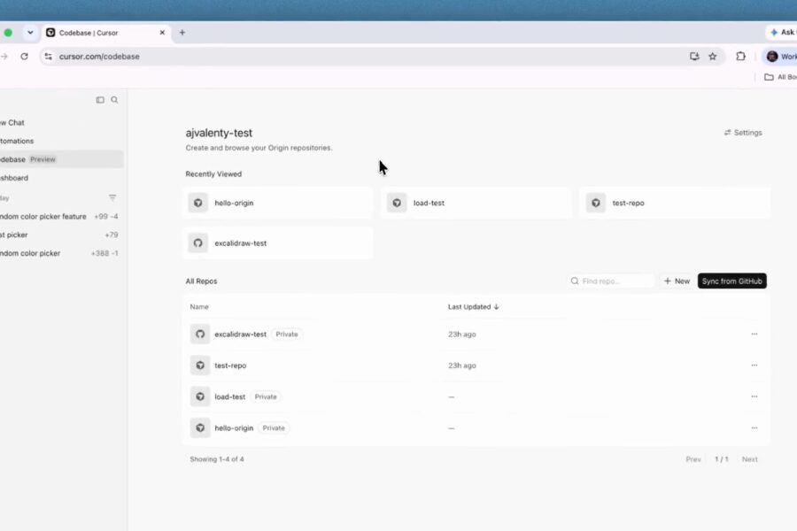 Codebase dashboard: left navigation with items like New Chat and Automations, main area shows a repo named ajvalenty-test under Recently Viewed.