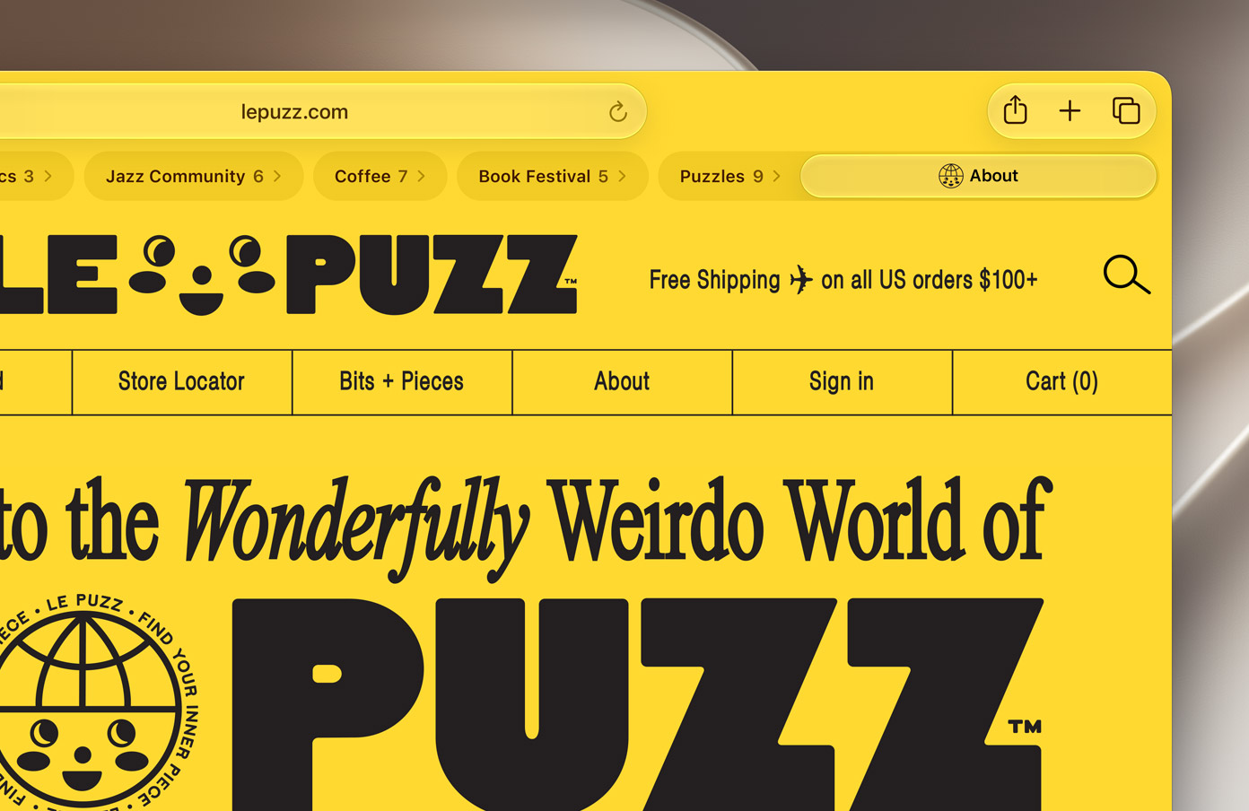 Screenshot of a bright yellow website header with rounded navigation pills, a 'lepuzz.com' logo, and a large black 'PUZZ' graphic.
