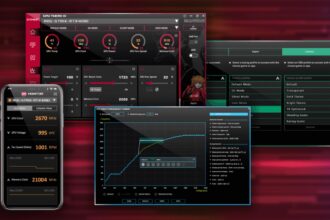 GPU tuning dashboard with multiple panels for clock, voltage and fan speeds on a red-themed background (Strix software). It shows GPU Clock, Memory Clock, and power targets.