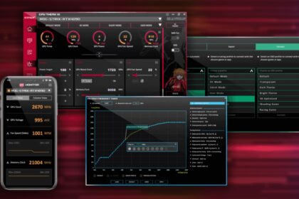 GPU tuning dashboard with multiple panels for clock, voltage and fan speeds on a red-themed background (Strix software). It shows GPU Clock, Memory Clock, and power targets.