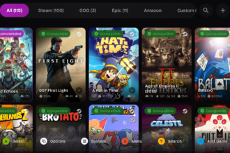 Grid of colorful game tiles in a dark store interface, with 'Recommended' and 'Compatible' badges on several covers.