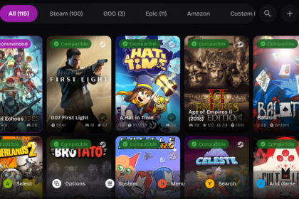 Grid of colorful game tiles in a dark store interface, with 'Recommended' and 'Compatible' badges on several covers.