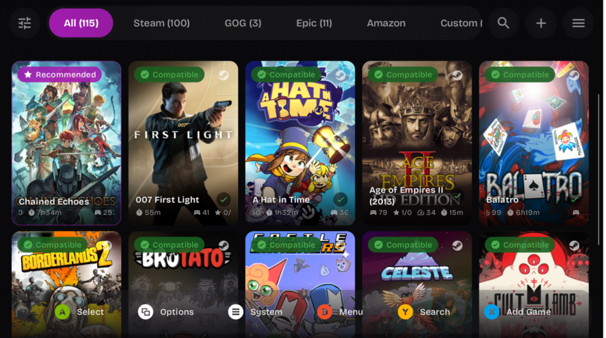 Grid of colorful game tiles in a dark store interface, with 'Recommended' and 'Compatible' badges on several covers.