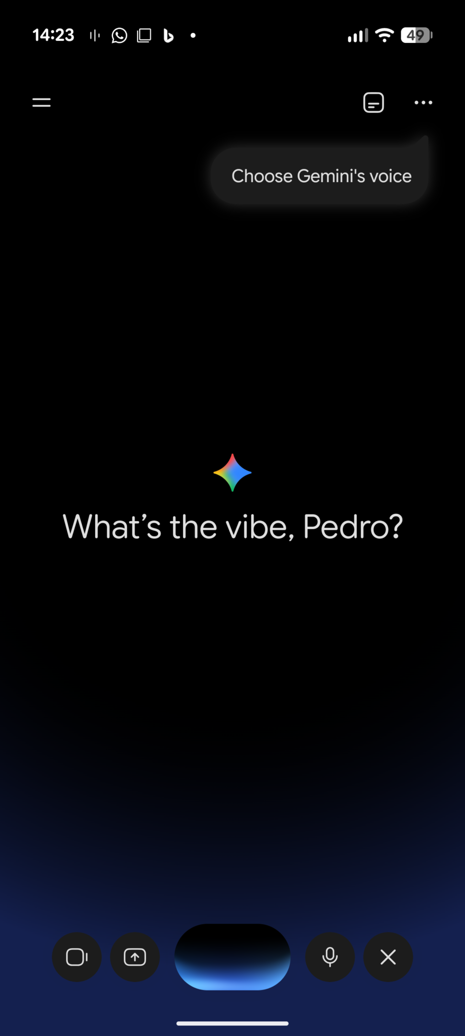 Dark screen with a central greeting: 'What’s the vibe, Pedro?' and a colorful sparkle emoji above.