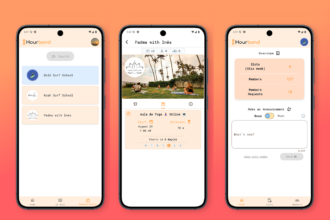 Three phones show the Hourbond app: surf schools list on the left, a class page in the middle, and an overview/dashboard on the right.