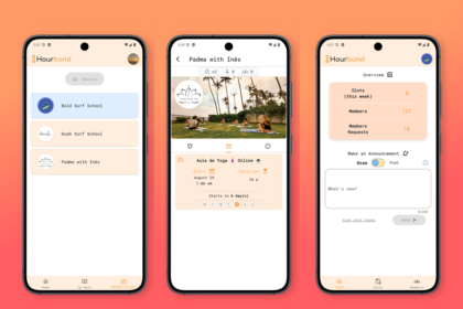 Three phones show the Hourbond app: surf schools list on the left, a class page in the middle, and an overview/dashboard on the right.