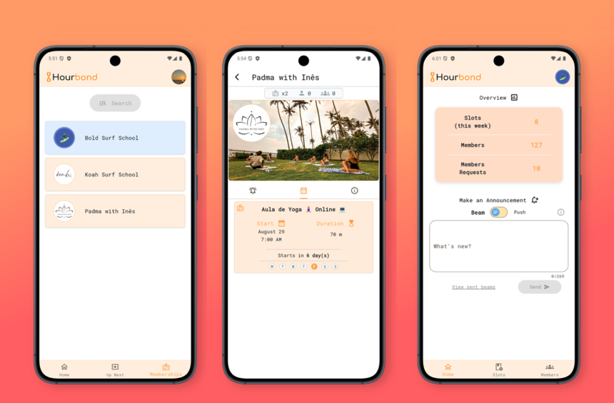 Three phones show the Hourbond app: surf schools list on the left, a class page in the middle, and an overview/dashboard on the right.