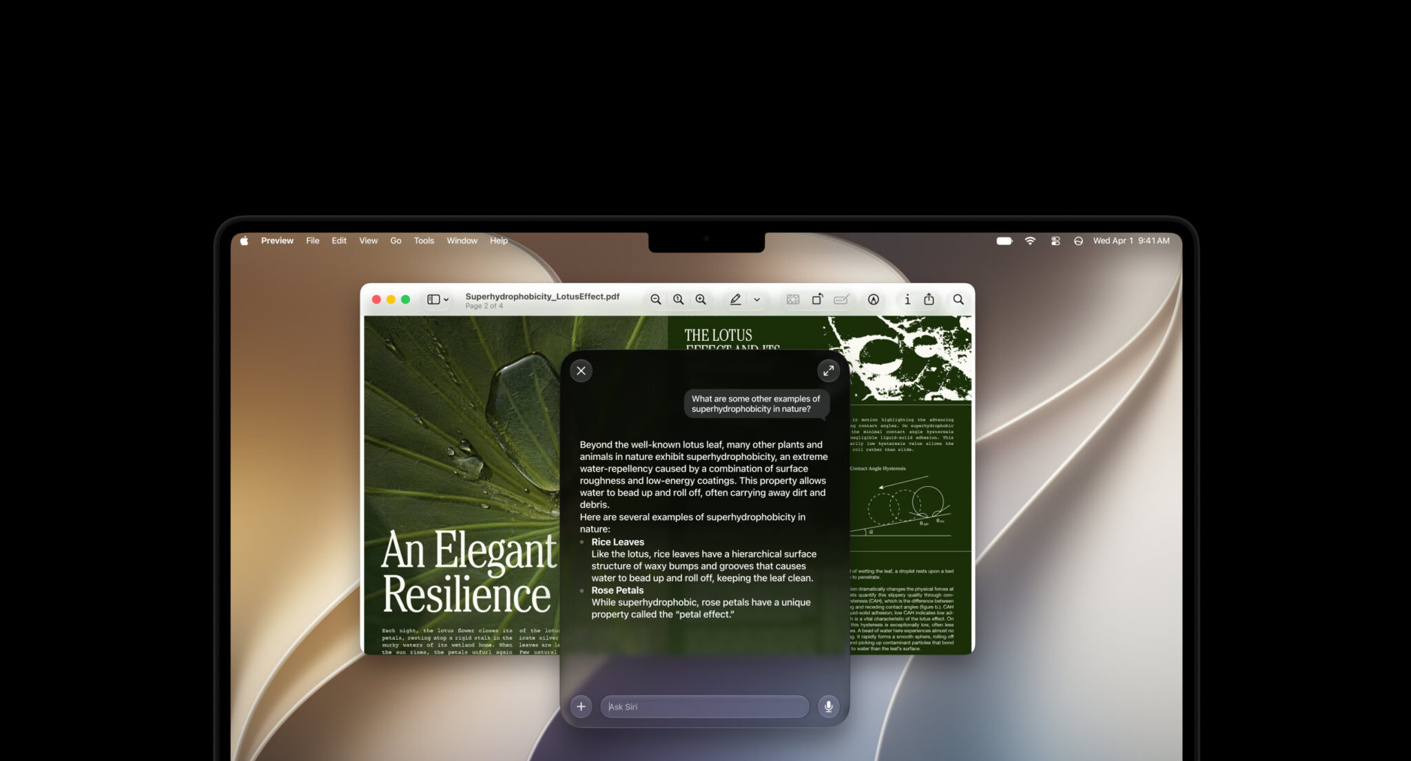 Tablet screen showing a PDF titled 'Superhydrophobicity: Lotus Effect' over a green lotus poster with white text, on a curved device backdrop.