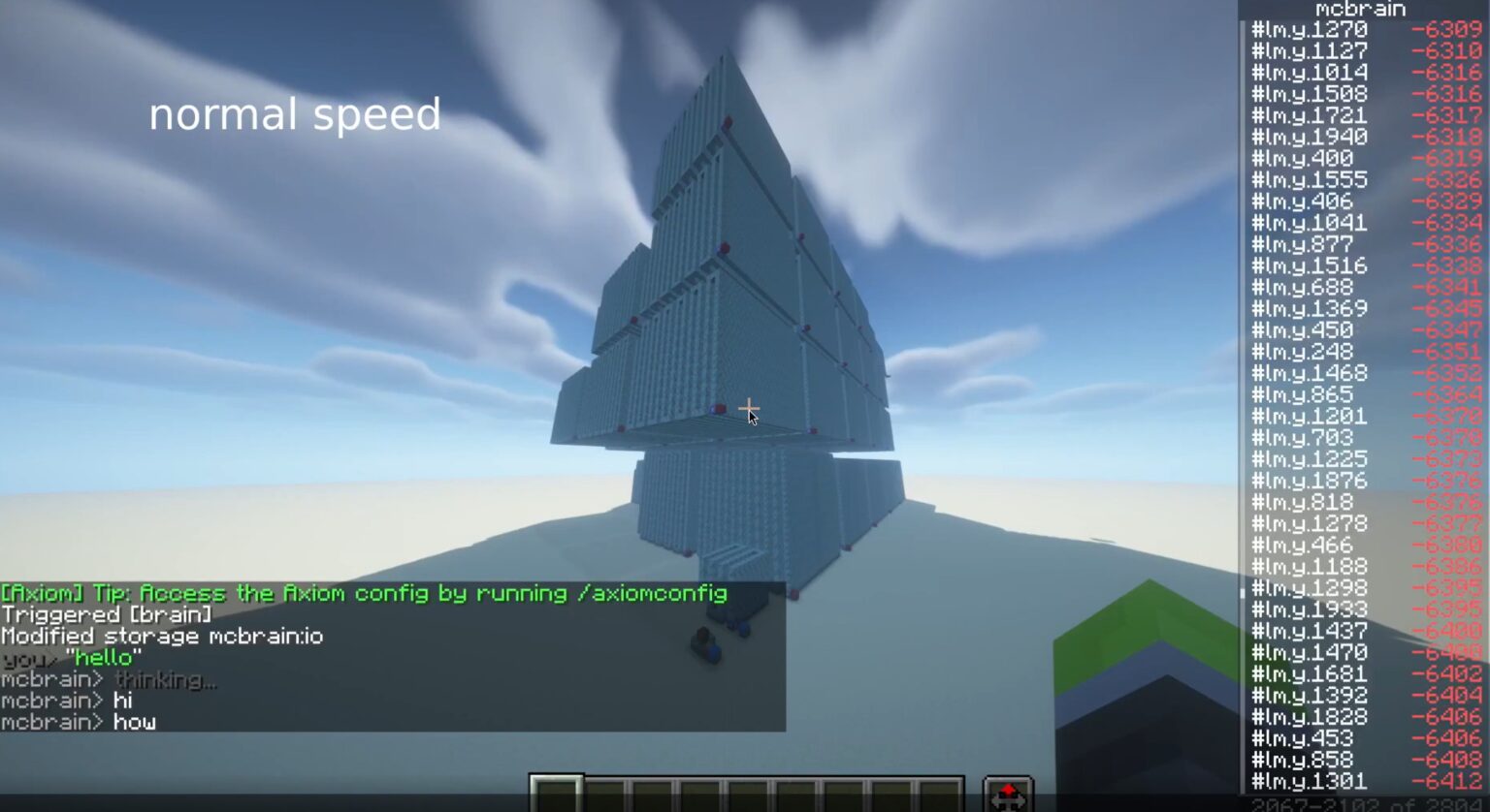 Tall blue glass tower in a Minecraft sky, with on-screen chat and a right-side numeric data panel from a mod.