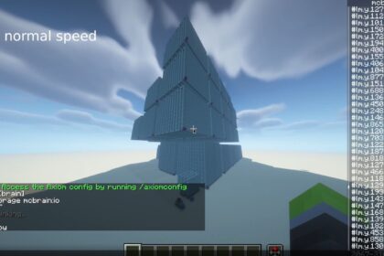 Tall blue glass tower in a Minecraft sky, with on-screen chat and a right-side numeric data panel from a mod.