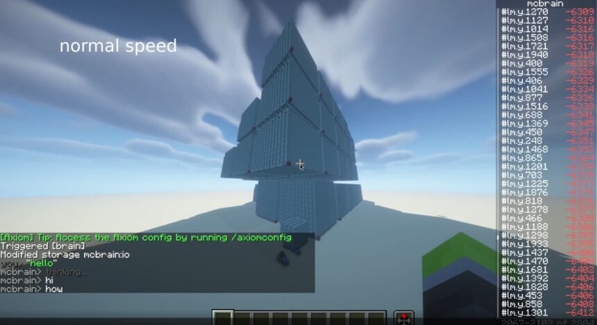 Tall blue glass tower in a Minecraft sky, with on-screen chat and a right-side numeric data panel from a mod.