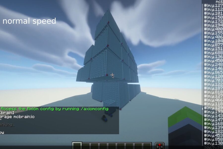 Tall blue glass tower in a Minecraft sky, with on-screen chat and a right-side numeric data panel from a mod.
