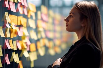 Woman in profile examining a glass wall covered with colorful sticky notes during a brainstorming session