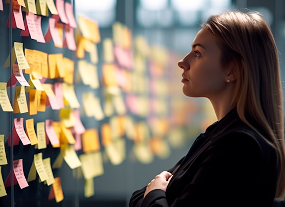 Woman in profile examining a glass wall covered with colorful sticky notes during a brainstorming session