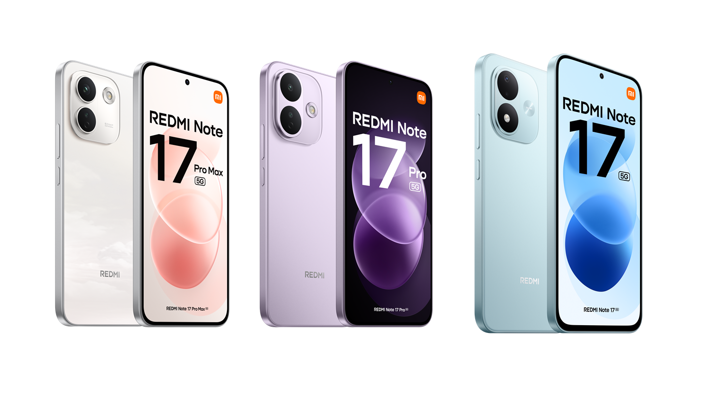 Four Redmi Note 17 Pro smartphones in white, lavender, purple, and blue, shown from side and front angles to highlight color options and camera module origin.