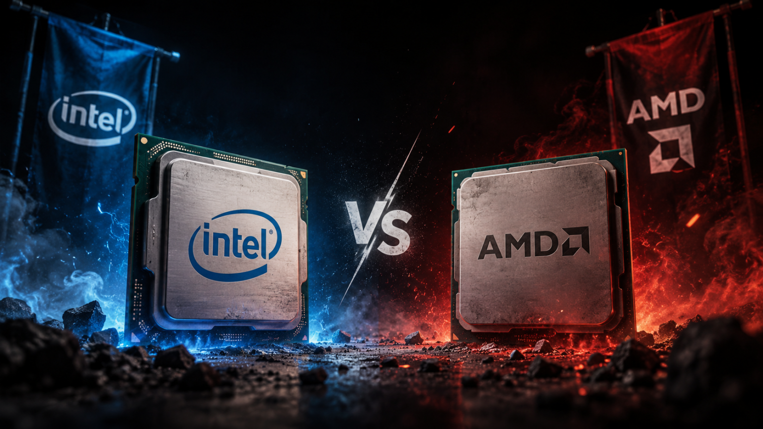 Intel vs AMD: two CPUs facing off with blue glow on the left and red glow on the right, 'VS' in the center backdrop banners show logos.