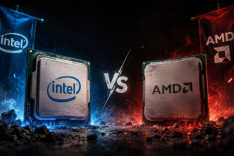 Intel vs AMD: two CPUs facing off with blue glow on the left and red glow on the right, 'VS' in the center backdrop banners show logos.