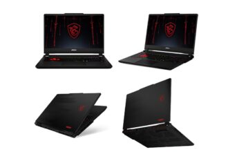 Four MSI gaming laptops shown from multiple angles: open front view, open angled side view, and two closed/stacked views, all black with red logo and accents.