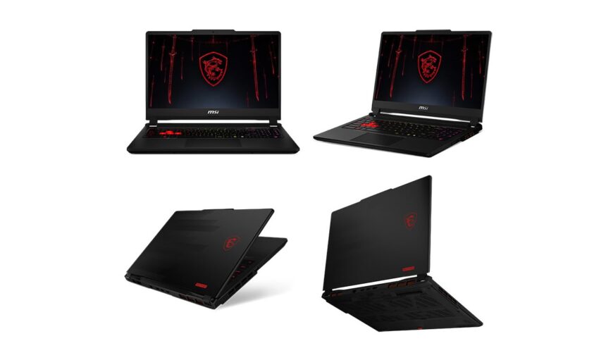 Four MSI gaming laptops shown from multiple angles: open front view, open angled side view, and two closed/stacked views, all black with red logo and accents.