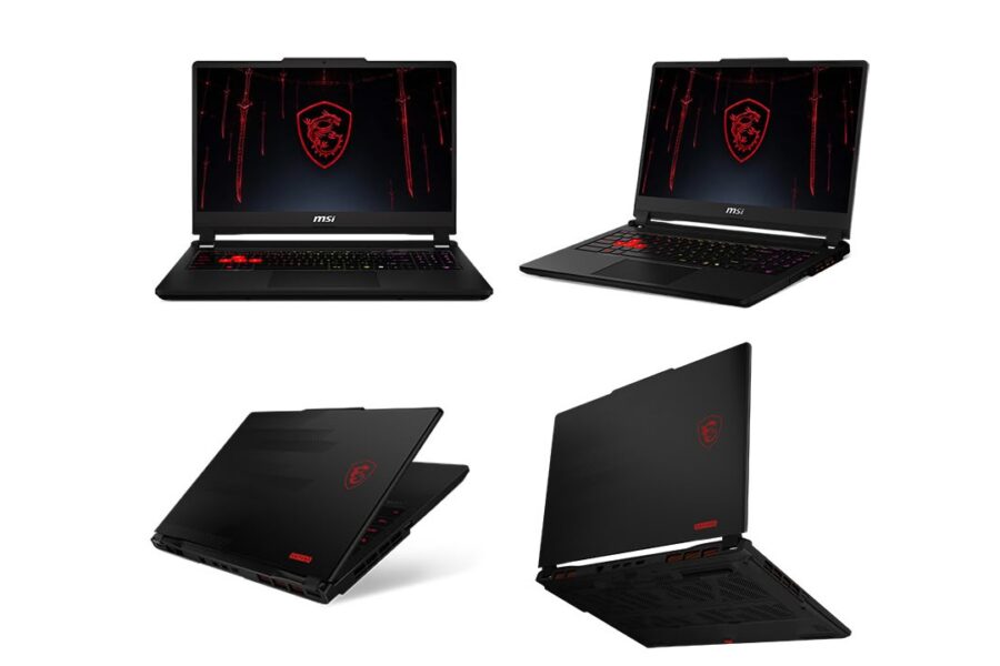 Four MSI gaming laptops shown from multiple angles: open front view, open angled side view, and two closed/stacked views, all black with red logo and accents.