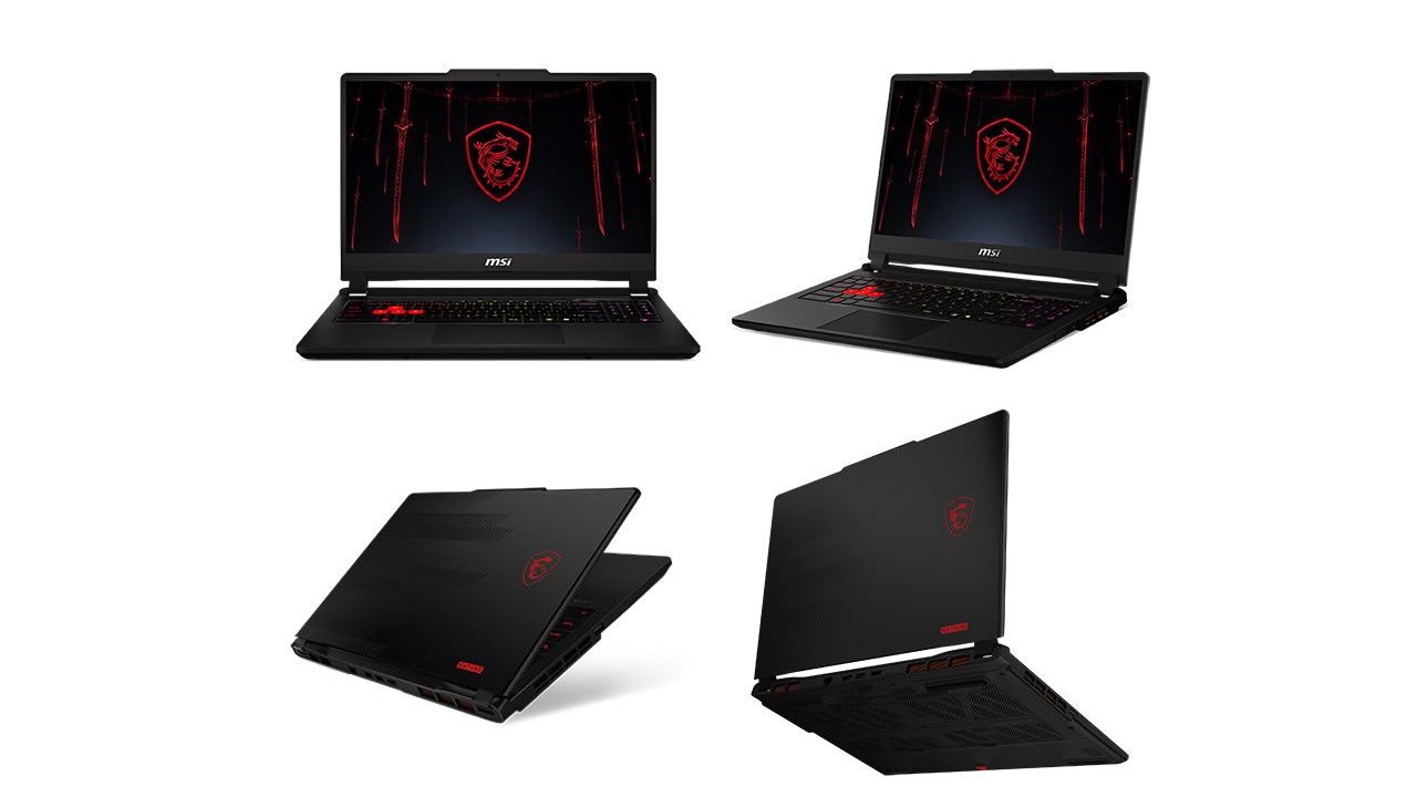 Four MSI gaming laptops shown from multiple angles: open front view, open angled side view, and two closed/stacked views, all black with red logo and accents.