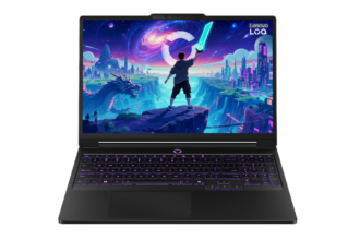 Open black Lenovo laptop with purple backlit keyboard; display shows a vibrant fantasy/scifi scene with a character holding a glowing sword on a cliff.