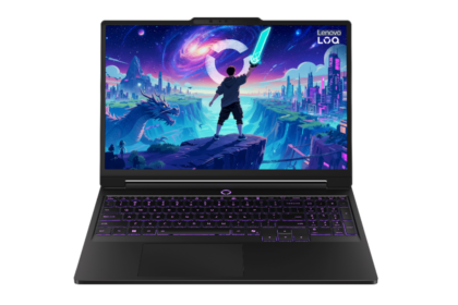 Open black Lenovo laptop with purple backlit keyboard; display shows a vibrant fantasy/scifi scene with a character holding a glowing sword on a cliff.