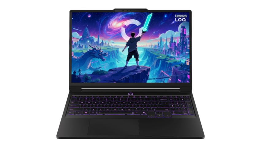 Open black Lenovo laptop with purple backlit keyboard; display shows a vibrant fantasy/scifi scene with a character holding a glowing sword on a cliff.